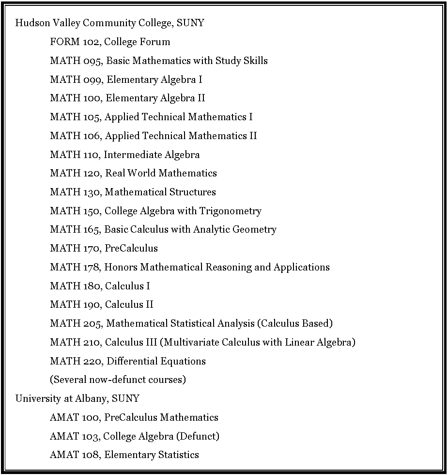 Text Box: Hudson Valley Community College, SUNYFORM 102, College ForumMATH 095, Basic Mathematics with Study SkillsMATH 099, Elementary Algebra IMATH 100, Elementary Algebra IIMATH 105, Applied Technical Mathematics IMATH 106, Applied Technical Mathematics IIMATH 110, Intermediate AlgebraMATH 120, Real World MathematicsMATH 130, Mathematical StructuresMATH 150, College Algebra with TrigonometryMATH 165, Basic Calculus with Analytic GeometryMATH 170, PreCalculusMATH 178, Honors Mathematical Reasoning and ApplicationsMATH 180, Calculus IMATH 190, Calculus IIMATH 205, Mathematical Statistical Analysis (Calculus Based)MATH 210, Calculus III (Multivariate Calculus with Linear Algebra)MATH 220, Differential Equations(Several now-defunct courses)University at Albany, SUNYAMAT 100, PreCalculus MathematicsAMAT 103, College Algebra (Defunct)AMAT 108, Elementary Statistics